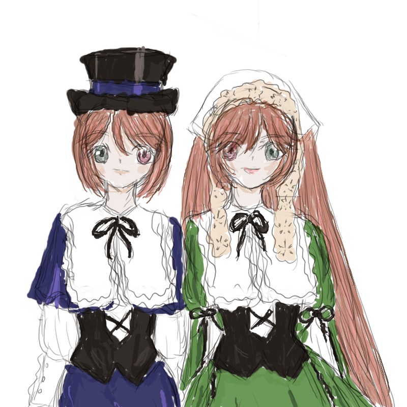 :p auto_tagged brown_hair dress frills green_eyes hat heterochromia image long_hair long_sleeves looking_at_viewer multiple_girls pair short_hair siblings simple_background sisters sketch smile souseiseki suiseiseki tongue tongue_out top_hat twins twintails very_long_hair white_background