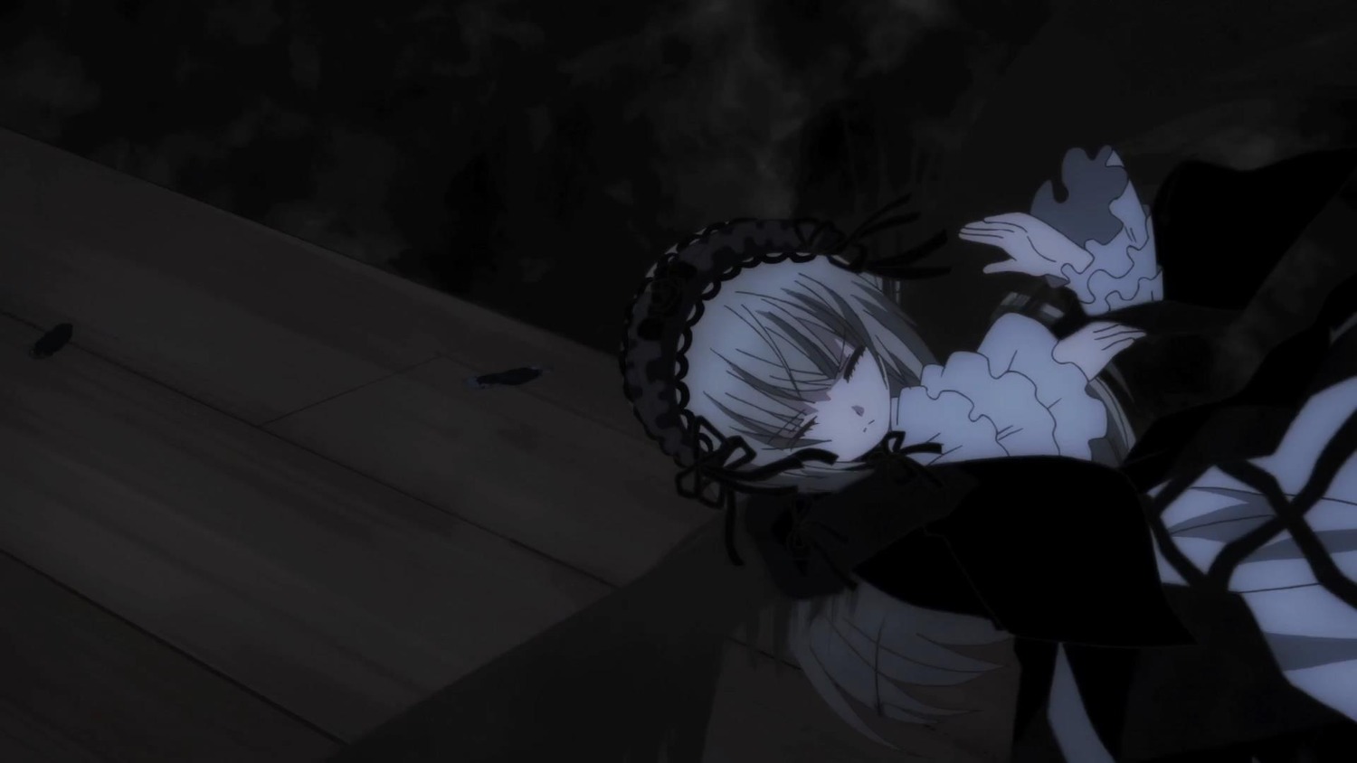 1girl bangs black_dress black_ribbon closed_eyes closed_mouth dress frills hairband image long_hair long_sleeves ribbon silver_hair solo suigintou very_long_hair wide_sleeves