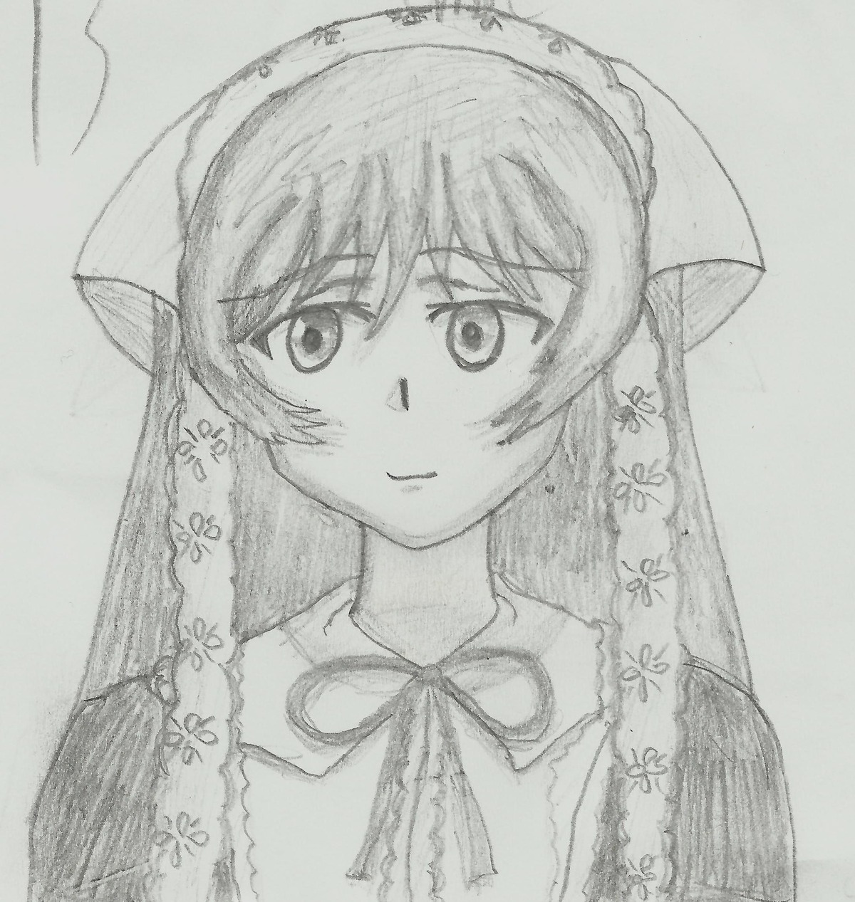 1girl closed_mouth eyebrows_visible_through_hair greyscale head_scarf image long_hair looking_at_viewer monochrome ribbon simple_background smile solo suiseiseki traditional_media upper_body
