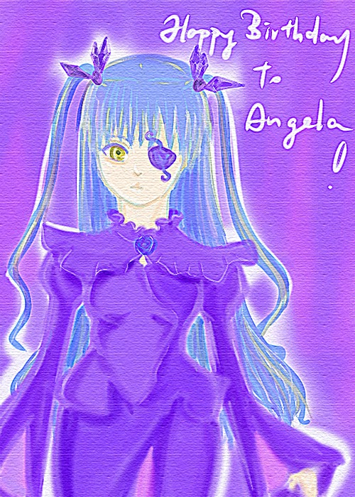 1girl barasuishou bug butterfly dress eyepatch hair_ornament image insect long_hair purple_background purple_theme ribbon solo twintails yellow_eyes