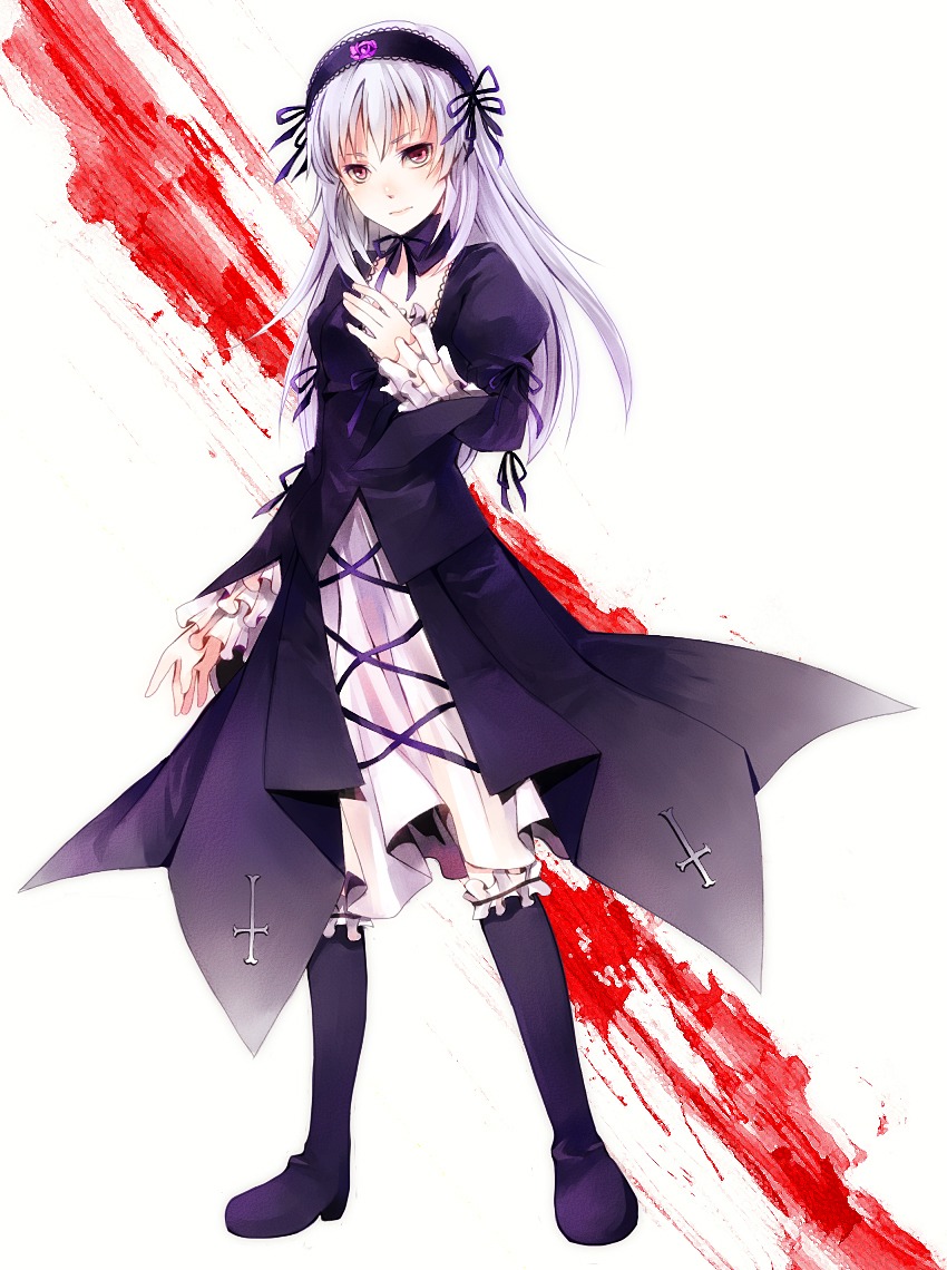 1girl 74_(teduka) boots commentary_request dress flower frills full_body gothic_lolita hairband image knee_boots lolita_fashion long_hair long_sleeves looking_at_viewer pink_eyes puffy_sleeves red_eyes ribbon rozen_maiden silver_hair solo standing suigintou wings