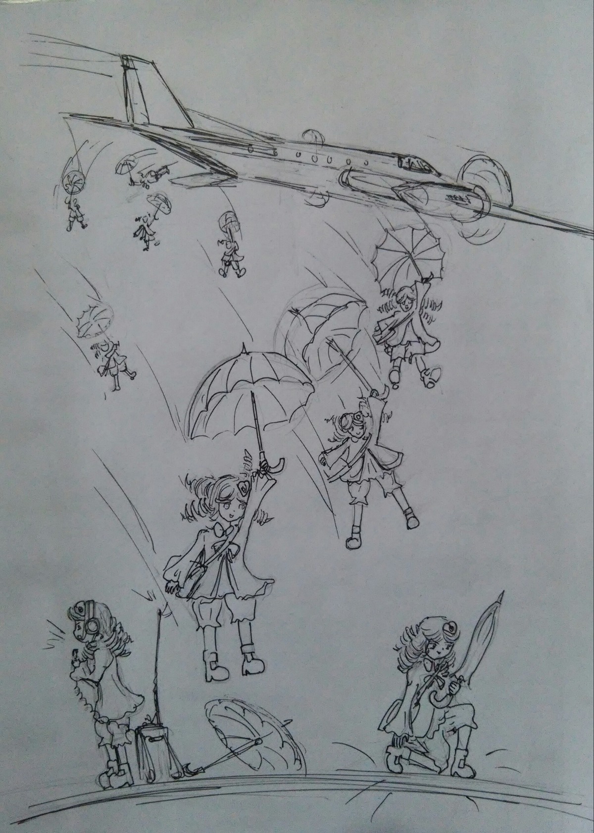 animal_ears dowsing_rod dress hair_ornament hat hood image kanaria karakasa_obake kasodani_kyouko miyako_yoshika monochrome mouse_ears mouse_tail multiple_girls nazrin ofuda polearm short_hair sketch solo tail tatara_kogasa umbrella