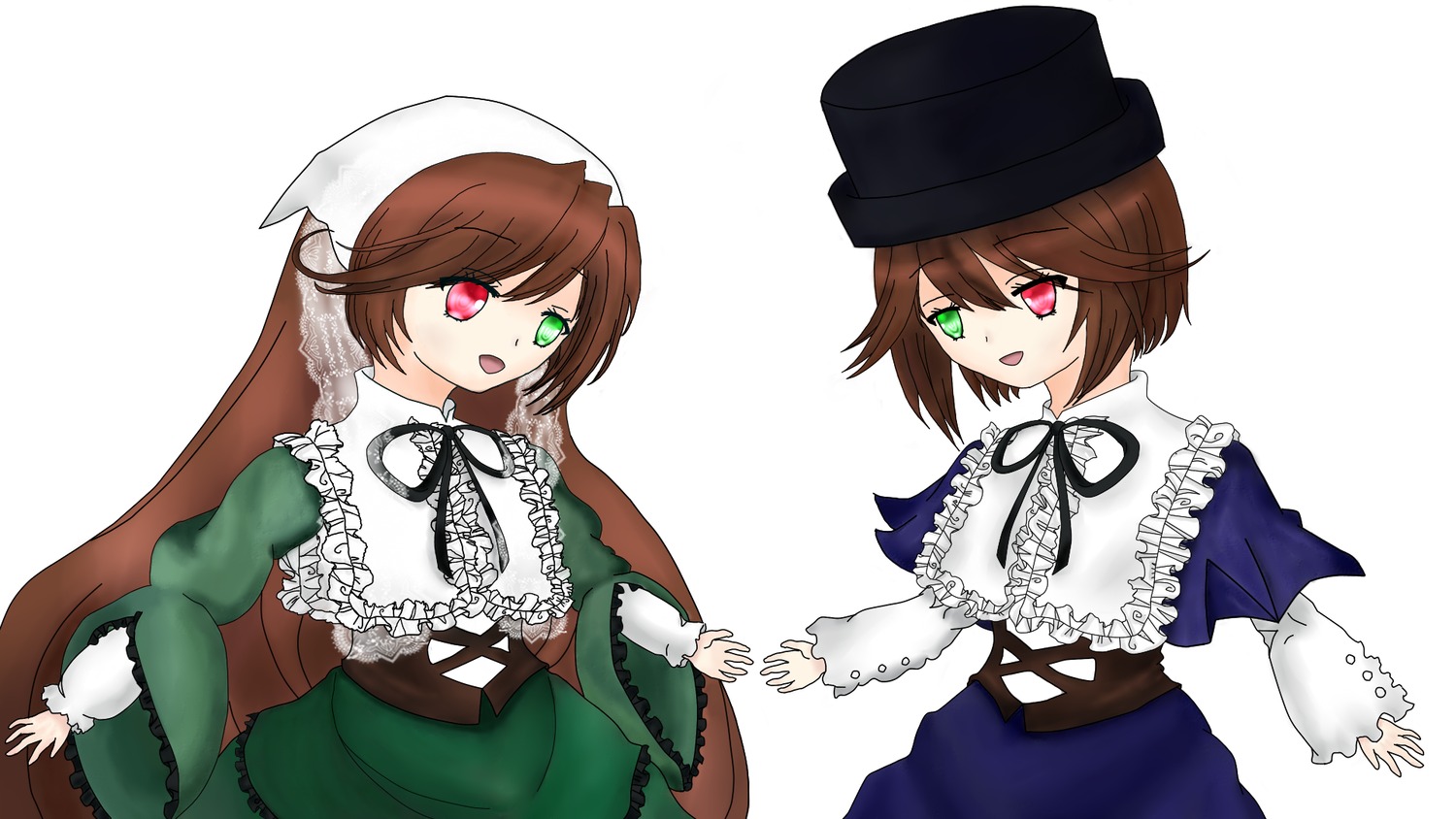 2girls :d brown_hair dress green_dress green_eyes hat heterochromia image long_hair long_sleeves looking_at_viewer multiple_girls open_mouth pair red_eyes short_hair siblings sisters smile souseiseki suiseiseki twins white_background