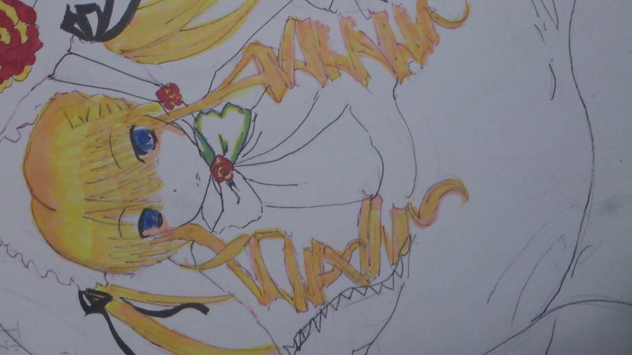 1girl blonde_hair blue_eyes bonnet bow bowtie dress drill_hair expressionless flower image long_hair long_sleeves looking_at_viewer marker_(medium) photo rose shinku solo traditional_media twin_drills twintails very_long_hair