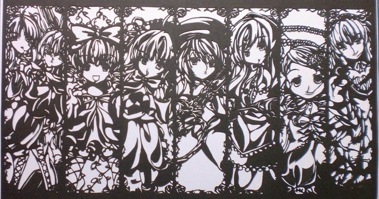 6+girls animal_ears bow dress everyone hair_ornament hat hijiri_byakuren houjuu_nue image long_hair monochrome multicolored_hair multiple multiple_girls ribbon short_hair smile snake tagme weapon wings