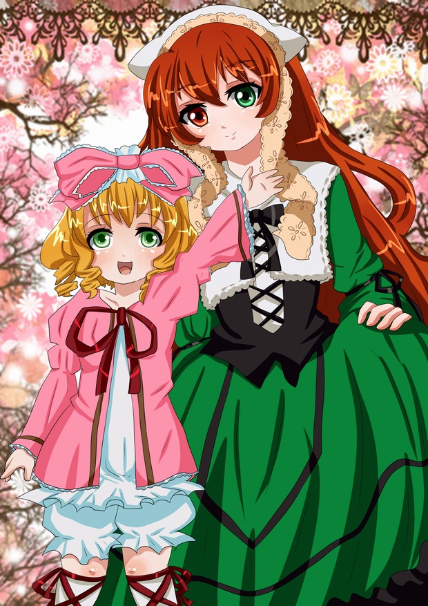 2girls :d blonde_hair bloomers blush bow brown_hair cherry_blossoms dress frills green_eyes hat heterochromia hina_ichigo hinaichigo image long_hair long_sleeves looking_at_viewer multiple_girls open_mouth outdoors pair pink_bow red_eyes ribbon short_hair siblings sisters smile suiseiseki tree underwear