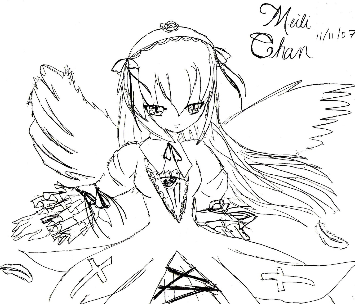 1girl dress feathered_wings feathers greyscale hairband image lolita_hairband long_hair long_sleeves looking_at_viewer monochrome ribbon simple_background smile solo suigintou very_long_hair white_background wings