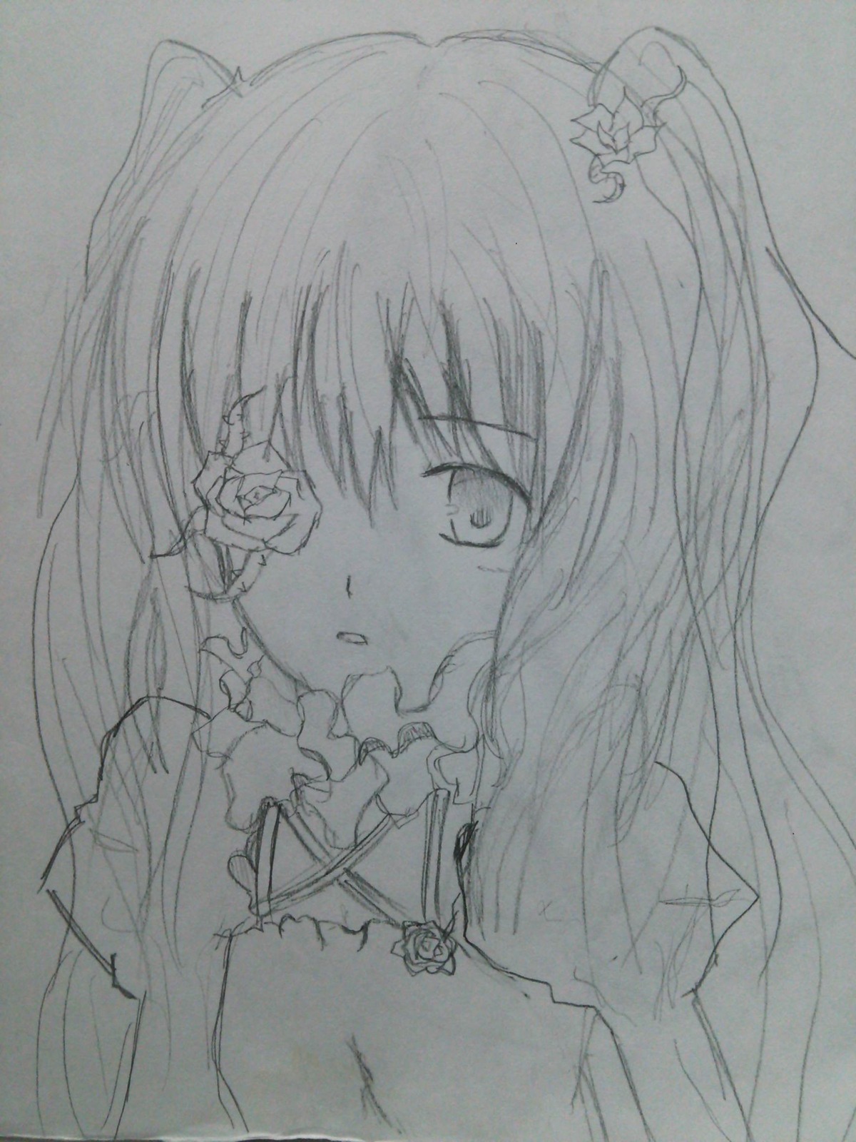 1girl flower graphite_(medium) greyscale image kirakishou monochrome rose solo tears traditional_media upper_body