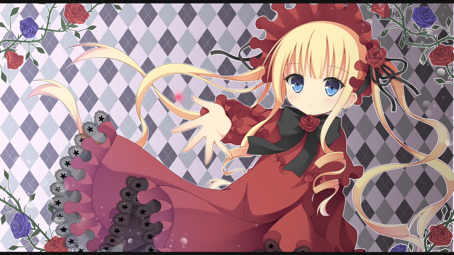 1girl argyle argyle_background argyle_legwear black_flower black_rose blonde_hair blue_eyes blue_flower blue_rose board_game checkerboard_cookie checkered checkered_background checkered_floor checkered_kimono checkered_skirt chess_piece cookie dress drill_hair floor flower image letterboxed long_hair on_floor outstretched_hand perspective petals pink_flower pink_rose purple_flower purple_rose red_dress red_flower red_rose red_theme rose rose_petals shinku solo thorns tile_floor tiles twin_drills twintails vanishing_point vines white_rose yellow_flower yellow_rose