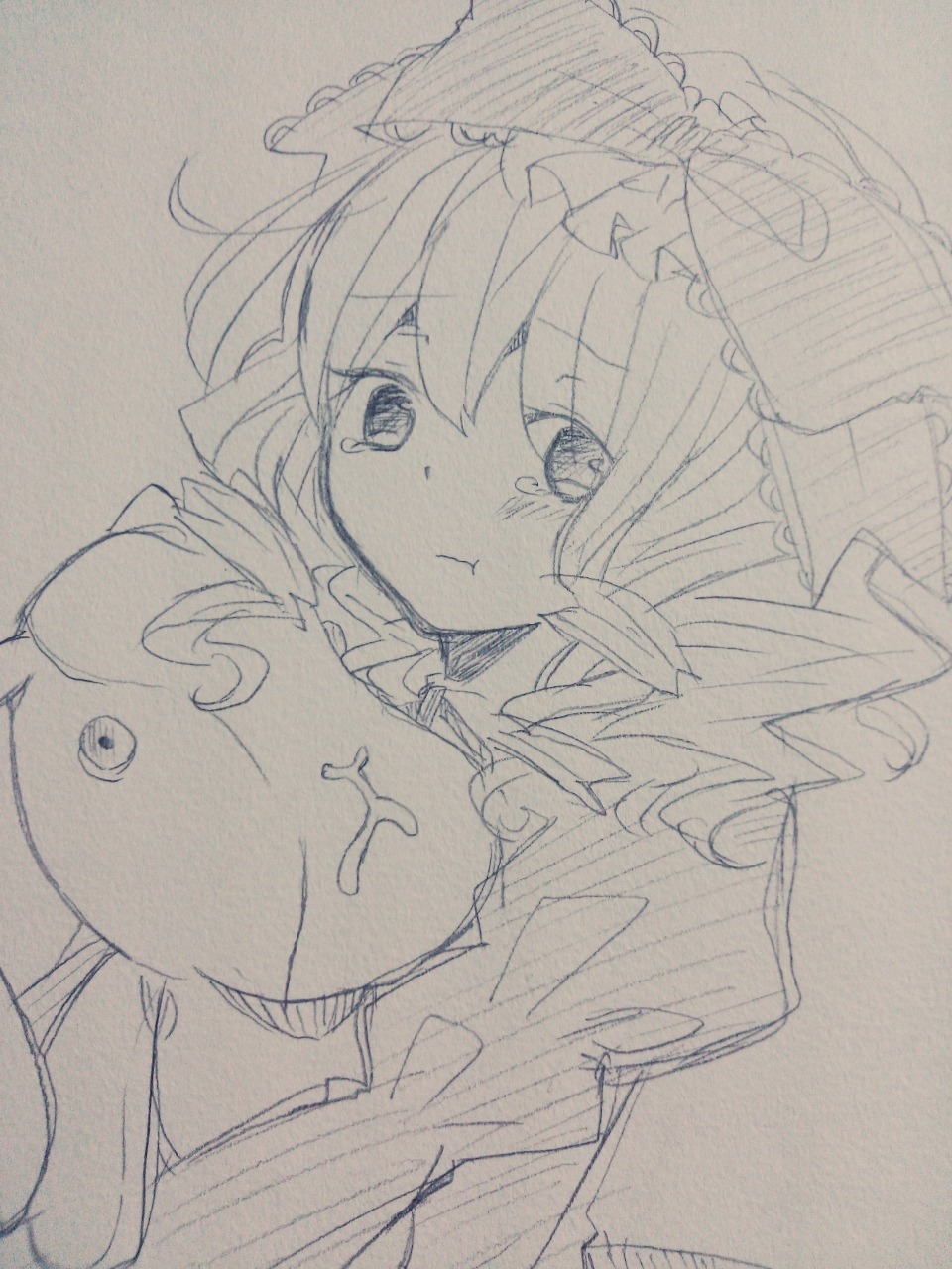 1girl auto_tagged blush bow breasts eyebrows_visible_through_hair greyscale hair_bow hinaichigo image long_sleeves monochrome pout solo tears traditional_media