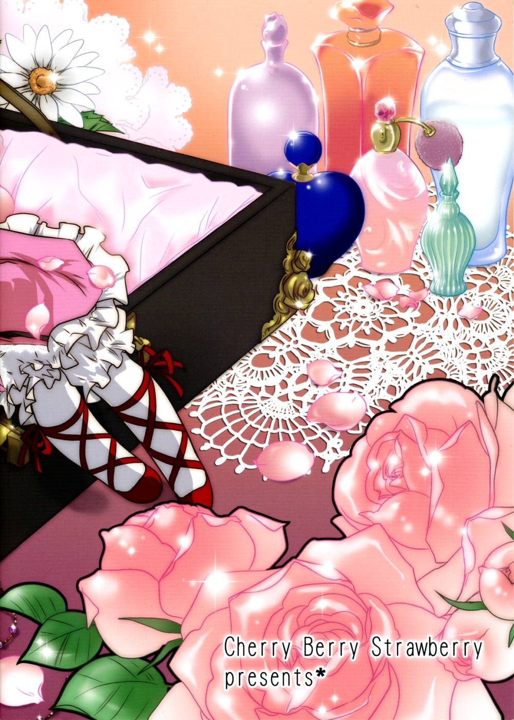 1girl doujinshi doujinshi_#100 flower frills image multiple pink_flower pink_rose red_flower ribbon rose sparkle