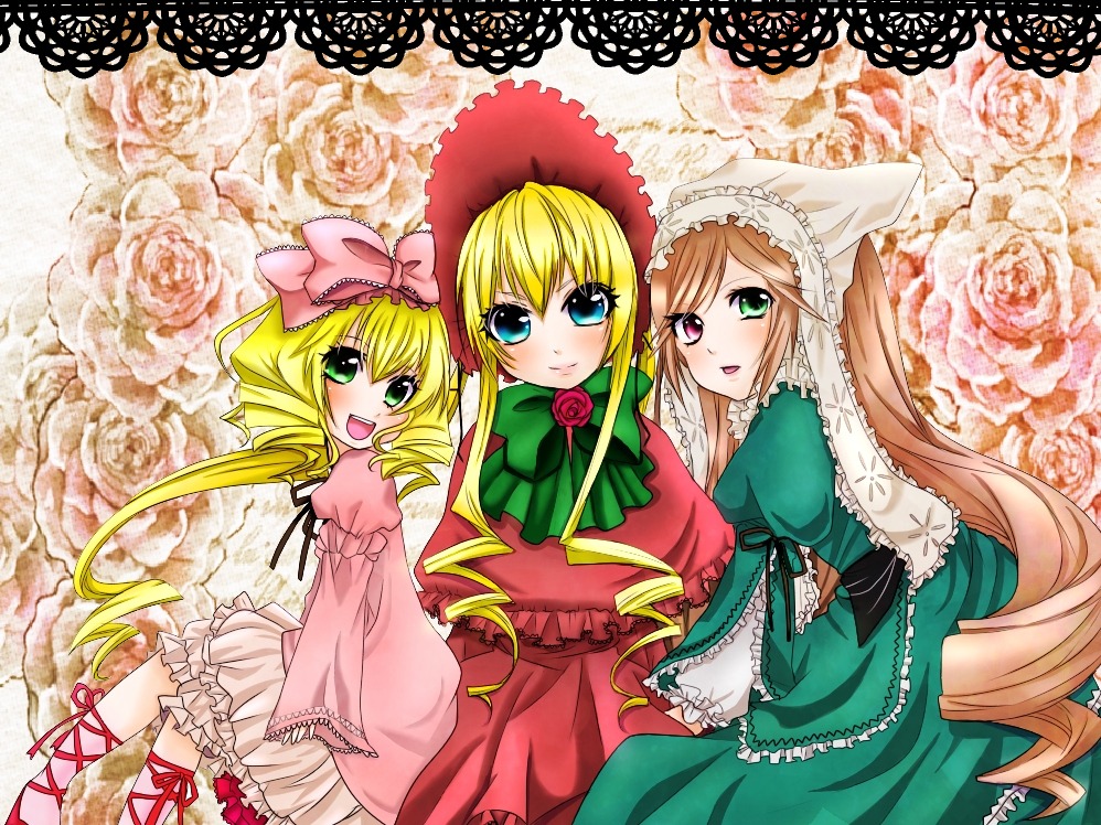 3girls blonde_hair bloomers blue_eyes bow brown_hair dress drill_hair flower frills hat heterochromia hina_ichigo image long_hair long_sleeves looking_at_viewer multiple multiple_girls open_mouth pink_bow red_eyes rose shinku siblings sisters smile suiseiseki tagme underwear very_long_hair