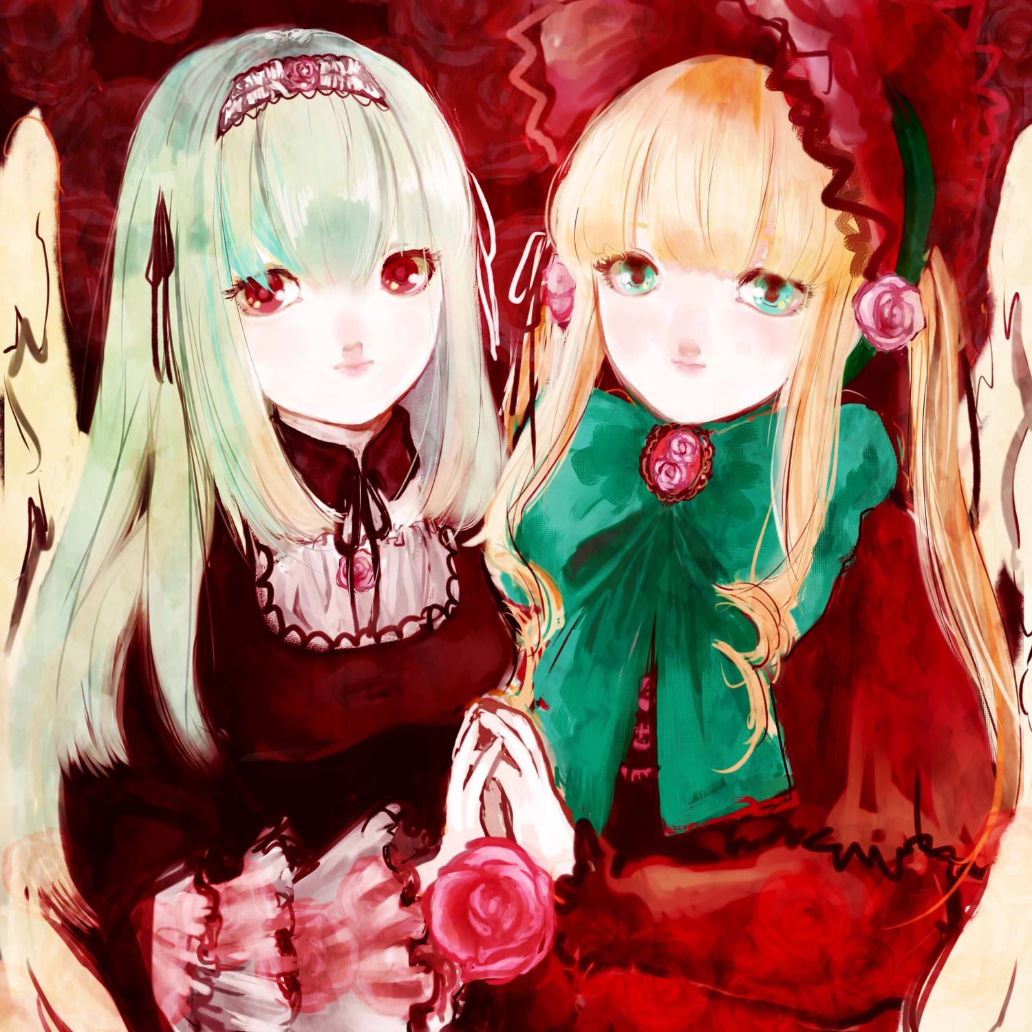2girls blonde_hair bow dress flower hairband holding_hands image long_hair looking_at_viewer multiple_girls pair red_eyes red_flower red_rose rose shinku siblings sisters suigintou