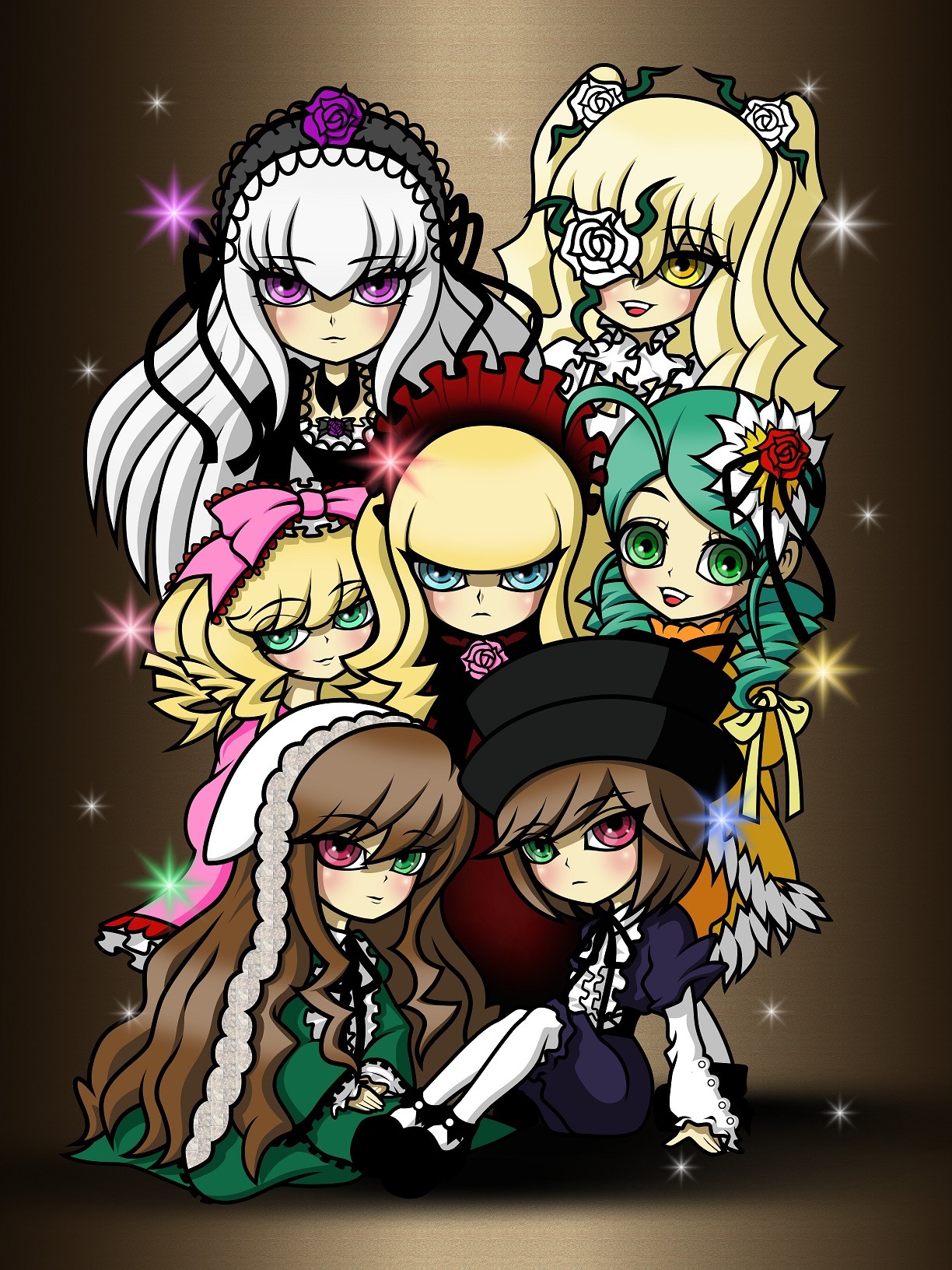 6+girls auto_tagged blonde_hair blue_eyes bonnet bow brown_hair dress drill_hair eyepatch flower frills green_dress green_eyes hairband hat heterochromia hina_ichigo image kanaria long_hair looking_at_viewer multiple multiple_girls pink_bow pink_eyes red_eyes rose shinku short_hair siblings silver_hair sisters smile souseiseki sparkle suigintou suiseiseki tagme twins