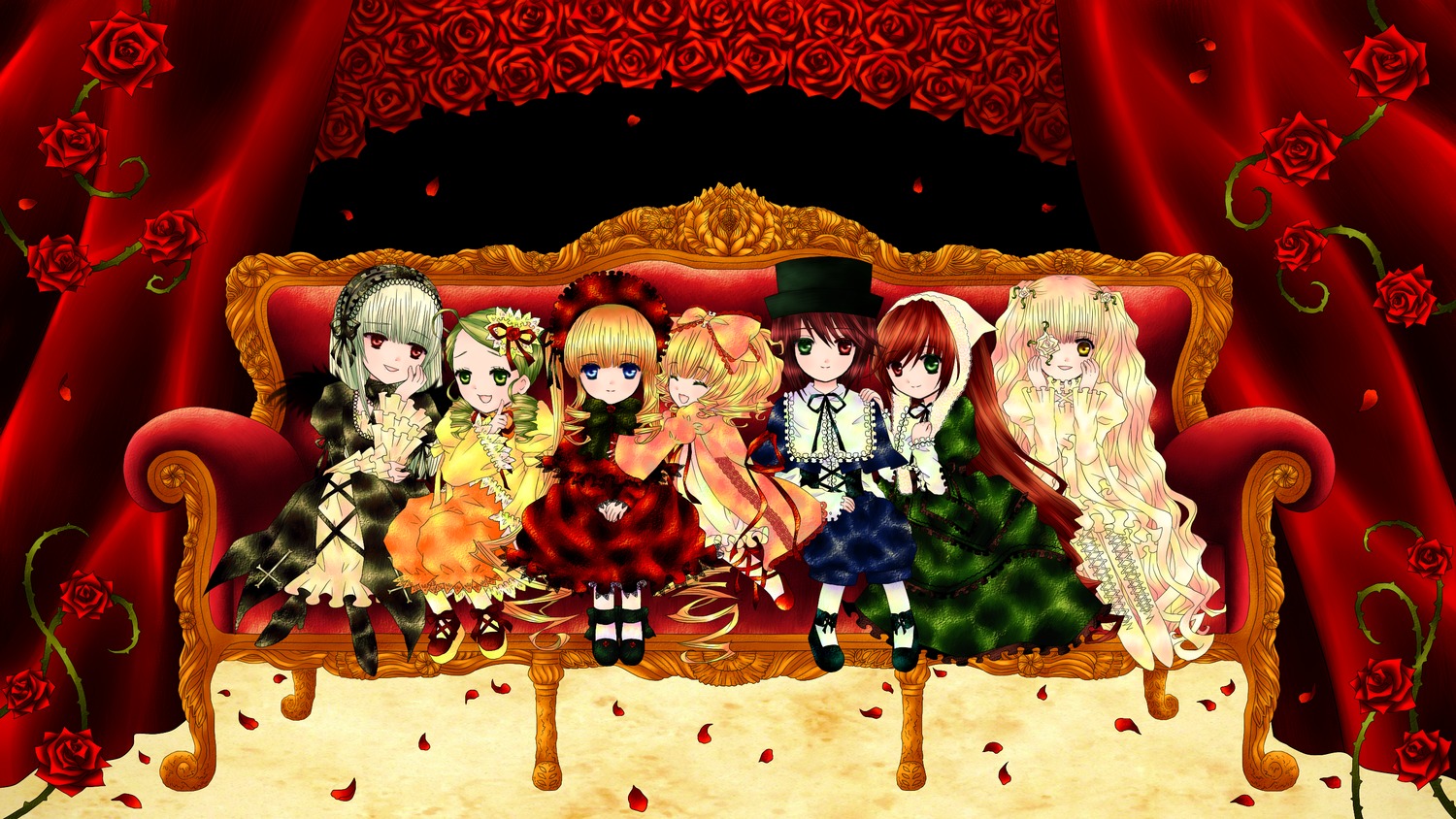 6+girls blonde_hair blue_eyes boots bow brown_hair dress flower frills green_eyes hair_ornament hairband hat heterochromia hina_ichigo image kanaria lolita_fashion long_hair multiple multiple_girls pantyhose petals pink_bow pipe red_eyes red_flower red_rose rose rose_petals shinku short_hair sitting smile souseiseki suigintou suiseiseki tagme very_long_hair