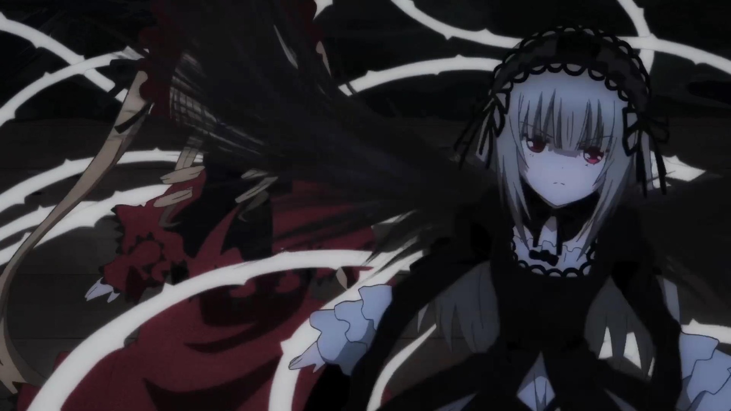 1girl bangs black_dress black_ribbon black_wings closed_mouth dress eyebrows_visible_through_hair flower frills hairband image lolita_hairband long_hair long_sleeves looking_at_viewer pair red_eyes ribbon rose shinku solo suigintou very_long_hair wings