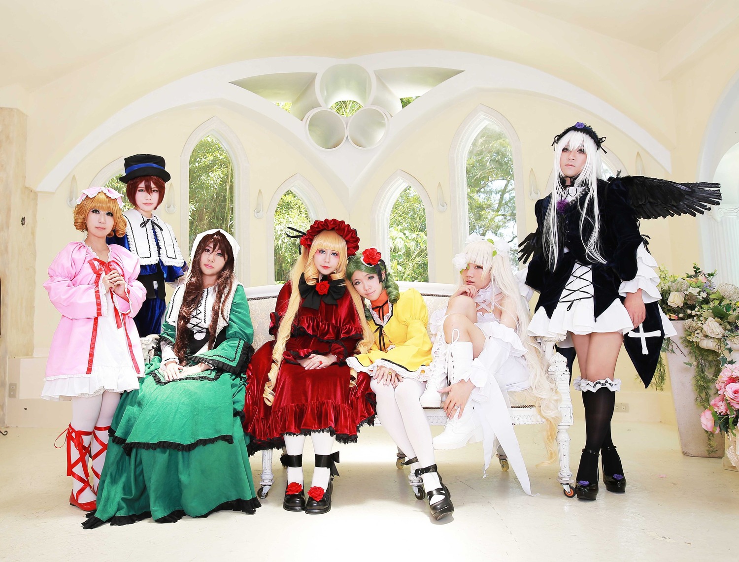 6+girls blonde_hair blue_eyes boots brown_hair dress eyepatch flower hair_ornament hat long_hair multiple_cosplay multiple_girls short_hair siblings silver_hair suigintou tagme thighhighs white_hair white_legwear wings