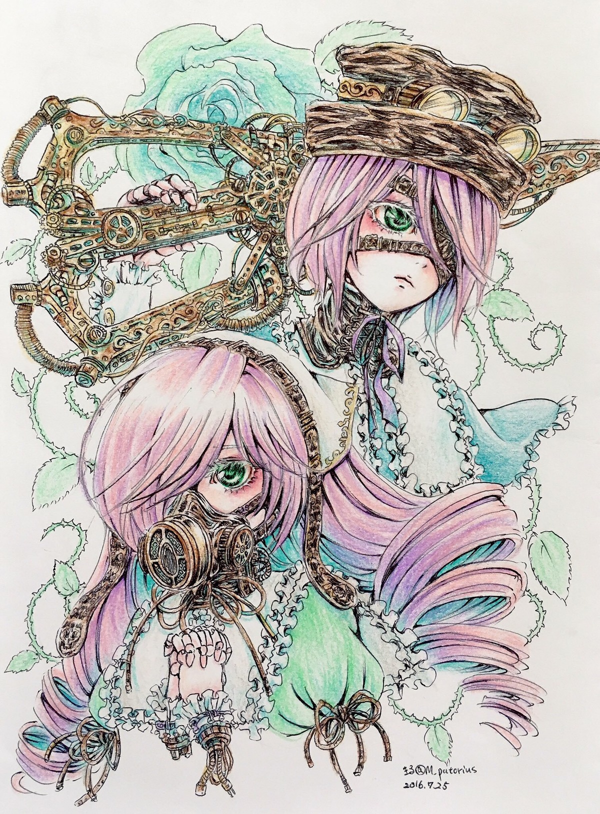 2girls chain eyepatch green_eyes hat image long_hair m_putorius multiple_girls pair pink_hair siblings sisters souseiseki suiseiseki traditional_media twins