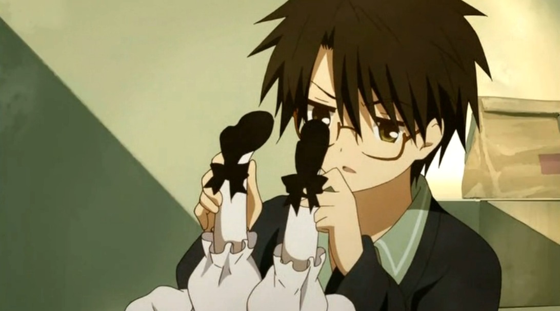 1boy bangs brown_hair glasses holding human long_sleeves looking_at_viewer parted_lips sakurada_jun screenshot solo upper_body