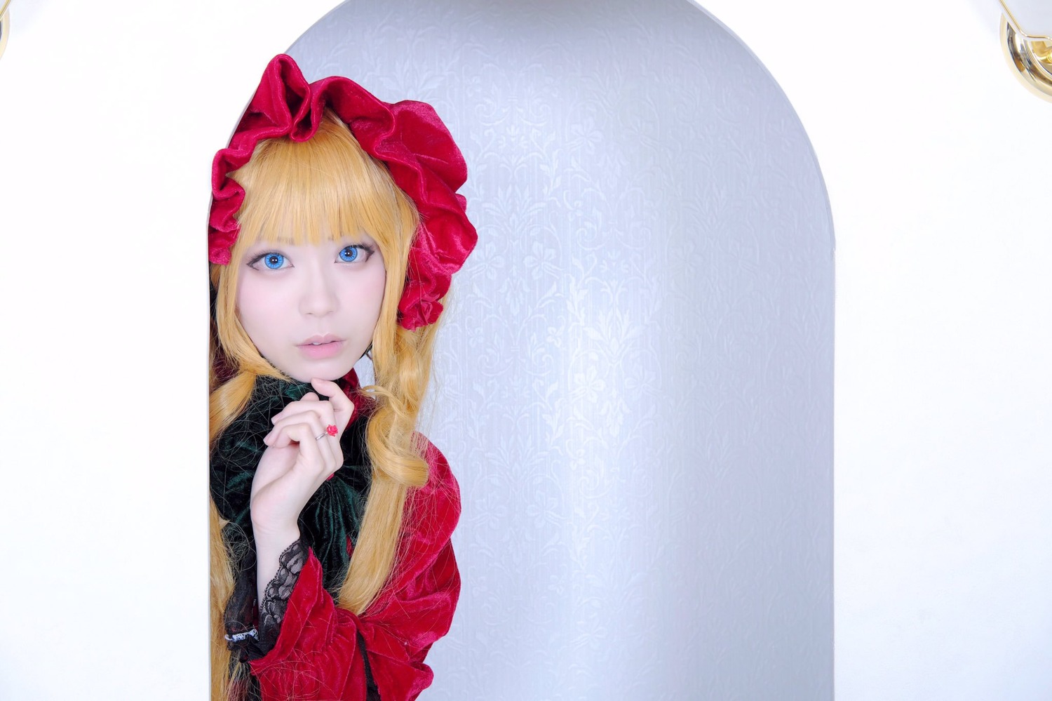 1girl blonde_hair blue_eyes bonnet dress flower lips long_hair nail_polish red_dress rose shinku solo