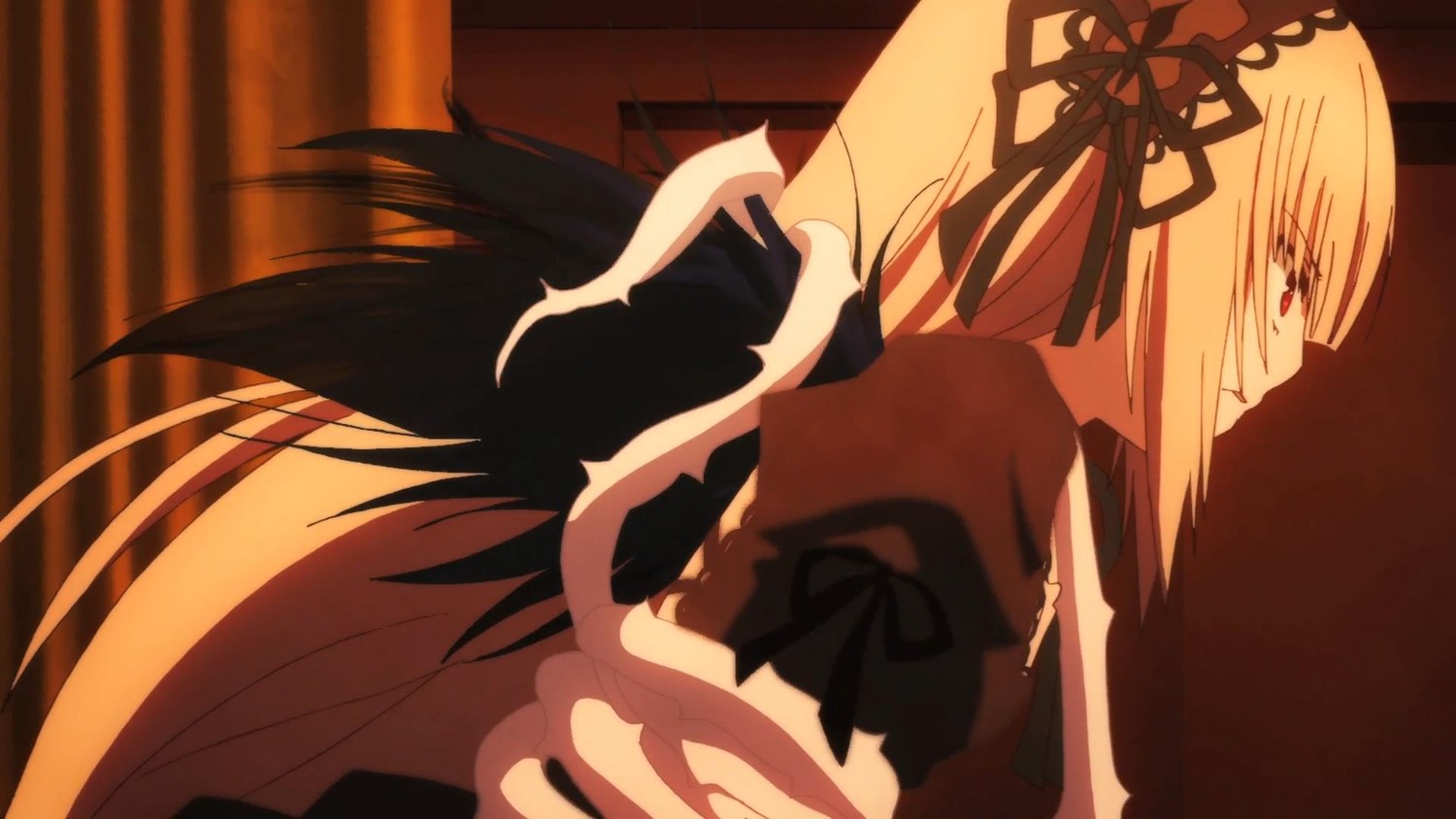 1girl black_ribbon blonde_hair dress hair_ribbon image long_hair profile puffy_short_sleeves puffy_sleeves red_eyes ribbon short_sleeves solo suigintou wings