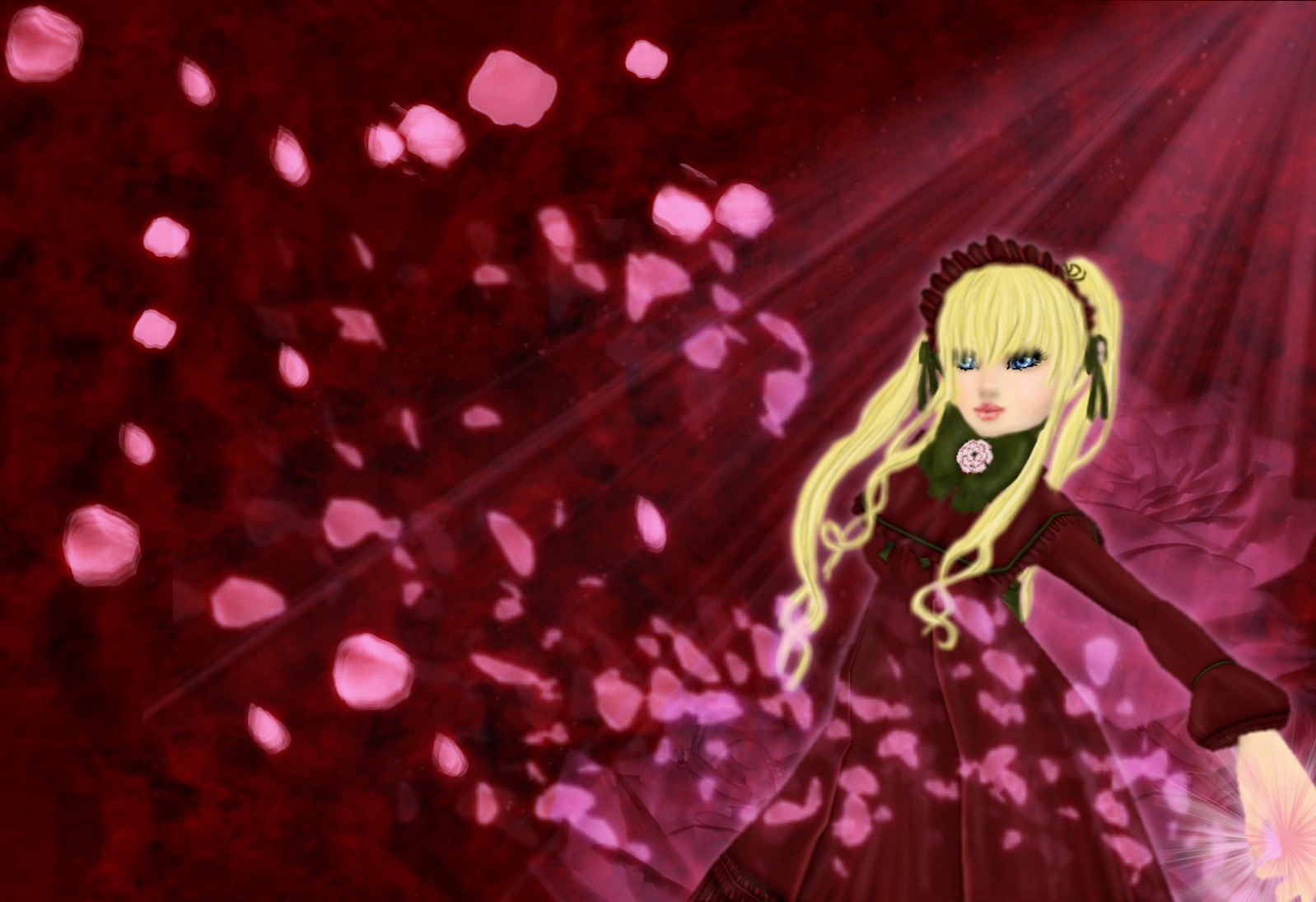 1girl blonde_hair blue_eyes dress flower image long_hair long_sleeves looking_at_viewer petals red_dress shinku solo twintails very_long_hair