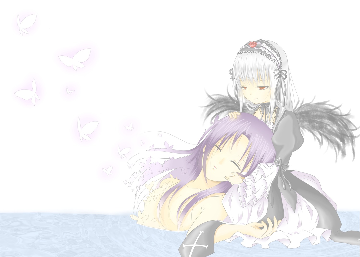 2girls blue_butterfly bug butterfly butterfly_hair_ornament closed_eyes detached_collar dress flower frills hairband image insect kakizaki_megu lap_pillow long_hair long_sleeves multiple_girls silver_hair sleeping solo suigintou wings
