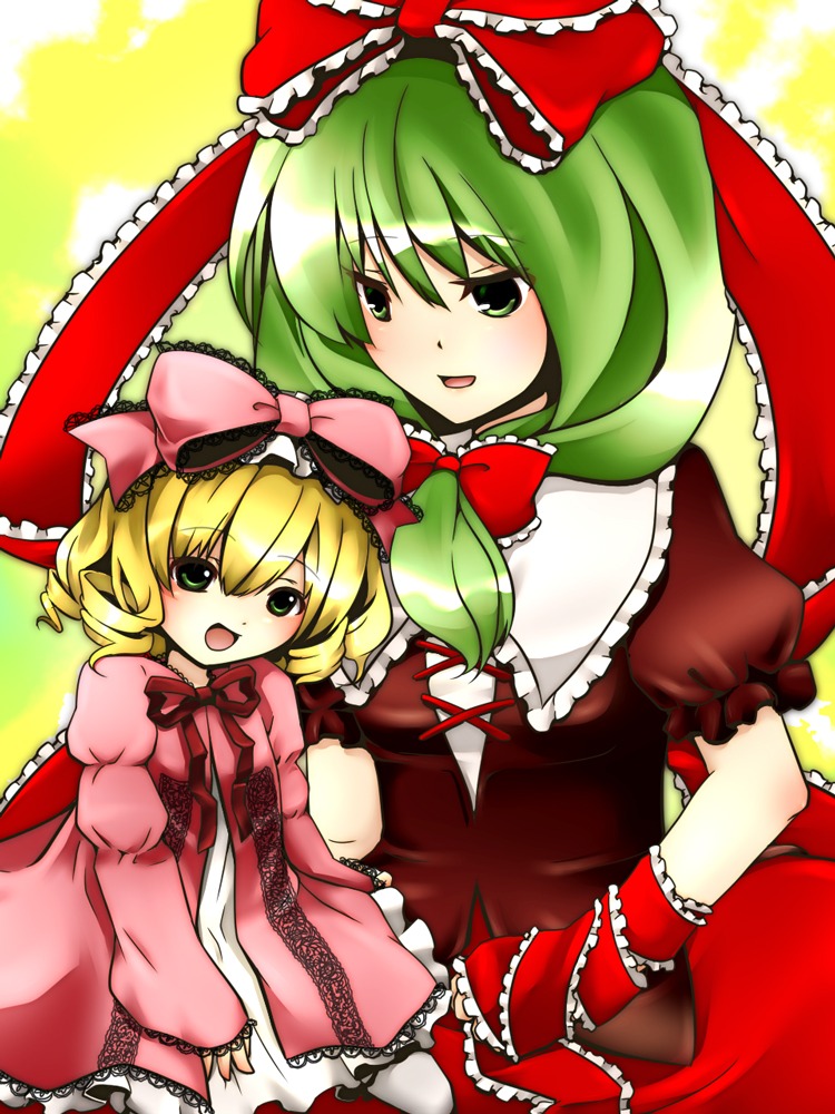 2girls akina_(schism) bad_id bad_pixiv_id blonde_hair bow breasts crossover curly_hair dress frills front_ponytail green_eyes green_hair hair_bow hair_ribbon hina_ichigo hinaichigo image kagiyama_hina looking_at_viewer multiple_girls namesake open_mouth pink_bow red_dress ribbon rozen_maiden short_hair smile solo touhou