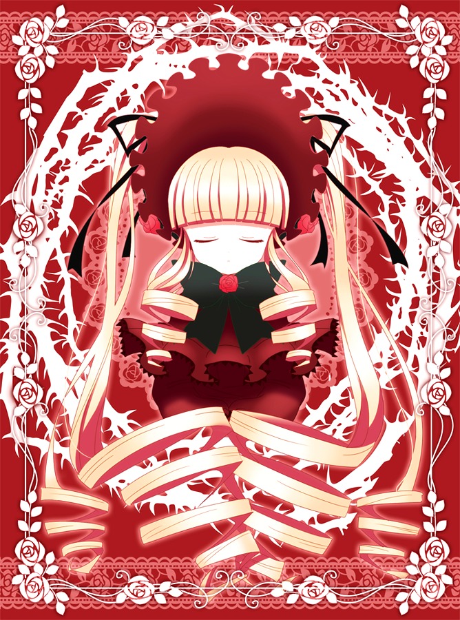 1girl blonde_hair bow closed_eyes dress drill_hair flower image lolita_fashion long_hair red_theme rose shinku solo twin_drills twintails