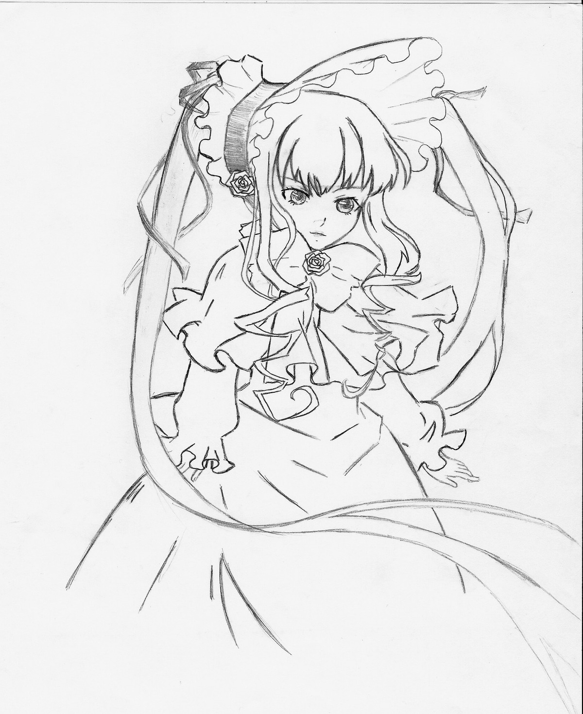 1girl bonnet bow dress flower frills greyscale image long_hair long_sleeves looking_at_viewer monochrome shinku simple_background solo traditional_media twintails very_long_hair white_background