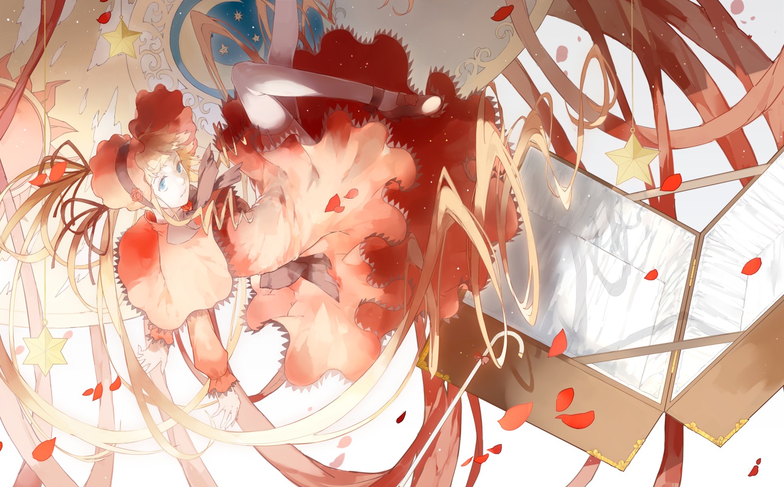 1girl absurdly_long_hair blonde_hair blue_eyes bow capelet dress flower frills hat image long_hair long_sleeves petals ribbon shinku solo star_(symbol) twintails very_long_hair white_legwear