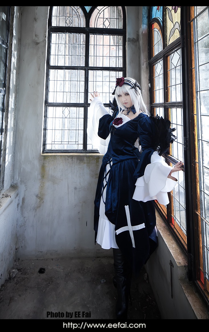 1girl bangs black_footwear dress hair_ornament hat indoors long_hair long_sleeves looking_at_viewer solo standing suigintou window