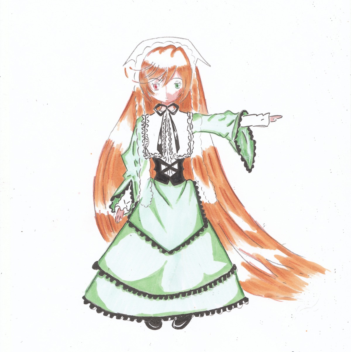 1girl brown_hair dress frills green_dress green_eyes heterochromia image long_hair long_sleeves looking_at_viewer red_eyes simple_background solo standing suiseiseki very_long_hair white_background