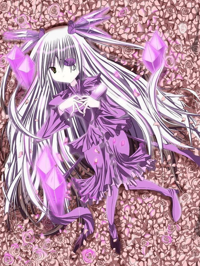 1girl barasuishou blue_rose dress flower hair_ribbon hands_clasped image long_hair long_sleeves own_hands_together petals pink_flower pink_rose purple_dress purple_flower purple_rose purple_theme red_rose ribbon rose rose_petals solo very_long_hair