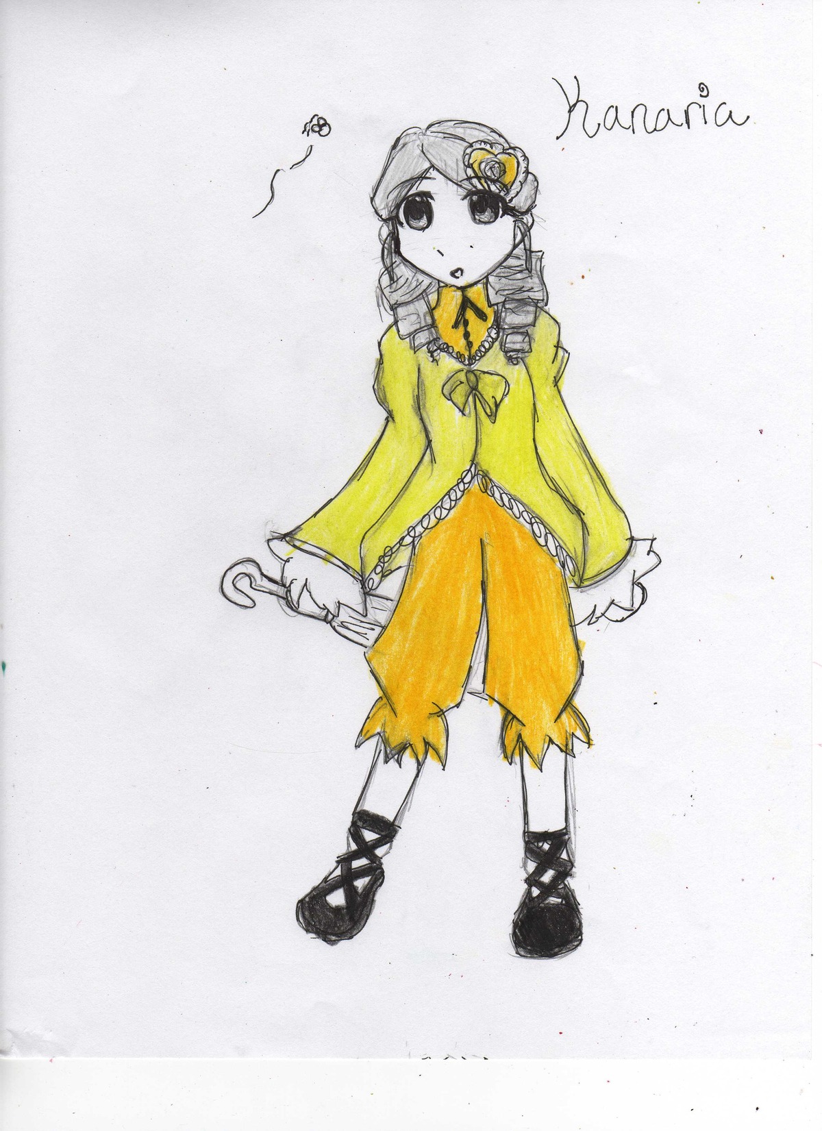 1girl :o bow dress full_body hair_ornament image kanaria long_sleeves solo standing traditional_media