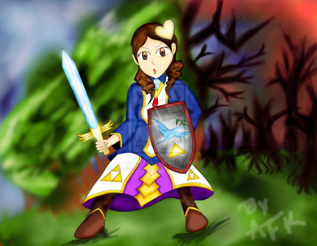 1girl auto_tagged blurry blurry_foreground boots braid brown_eyes brown_footwear brown_hair depth_of_field dress grass image kanaria long_hair solo sword tree twin_braids weapon