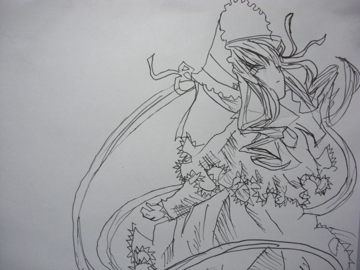 1girl bow dress greyscale hat image long_hair long_sleeves monochrome shinku solo traditional_media yakumo_yukari