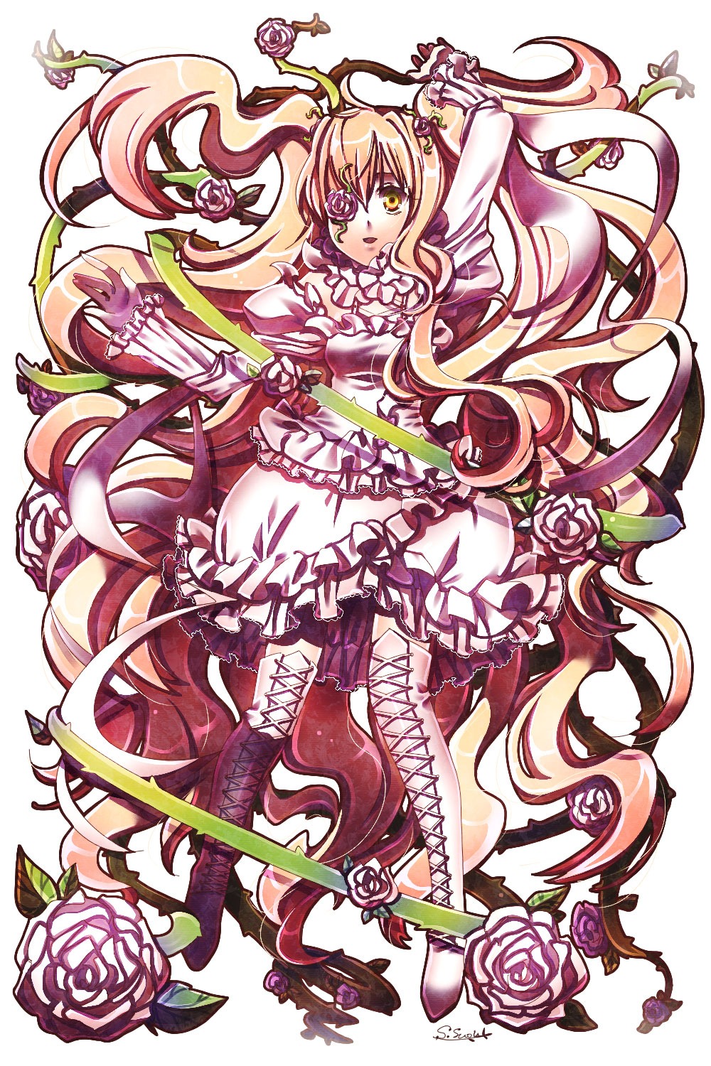 1girl blonde_hair boots cross-laced_footwear dress eyepatch flower hair_flower image kirakishou long_hair pink_flower pink_rose plant purple_flower purple_rose red_flower red_rose rose solo thorns very_long_hair vines white_rose yellow_eyes yellow_rose