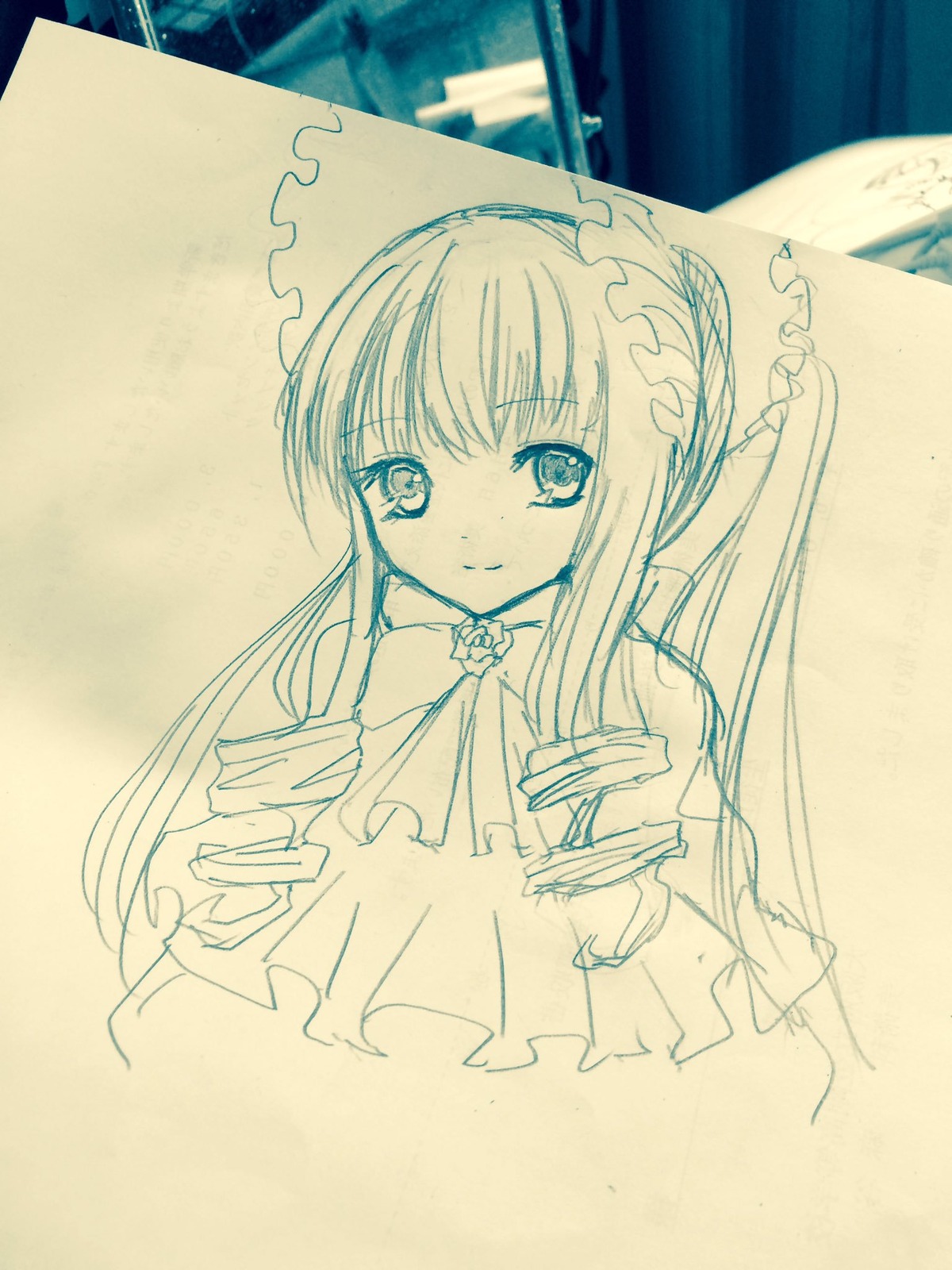 1girl bangs blush closed_mouth dress eyebrows_visible_through_hair holding holding_umbrella image long_hair looking_at_viewer monochrome parasol photo shinku smile solo traditional_media umbrella upper_body