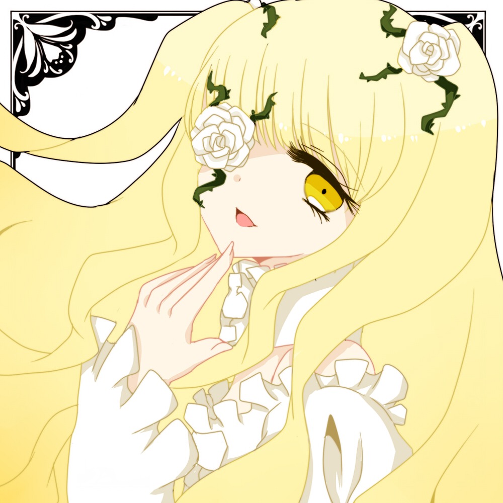1girl bangs blonde_hair dress flower frills hair_flower hair_ornament image kirakishou long_hair rose smile solo thorns white_flower white_rose yellow_eyes yellow_rose