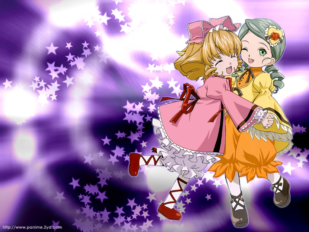 2girls auto_tagged blonde_hair bloomers bow closed_eyes dress drill_hair green_eyes hair_bow hair_ornament hina_ichigo hinaichigo hug image kanaria multiple_girls one_eye_closed pair pantyhose pink_bow short_hair smile star_(symbol) star_print starfish starry_background