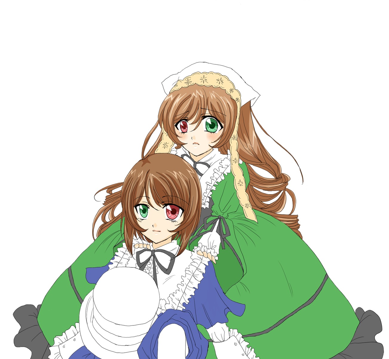 2girls brown_hair dress green_dress green_eyes hat head_scarf heterochromia image long_hair long_sleeves looking_at_viewer multiple_girls pair red_eyes short_hair siblings simple_background sisters souseiseki suiseiseki twins very_long_hair white_background