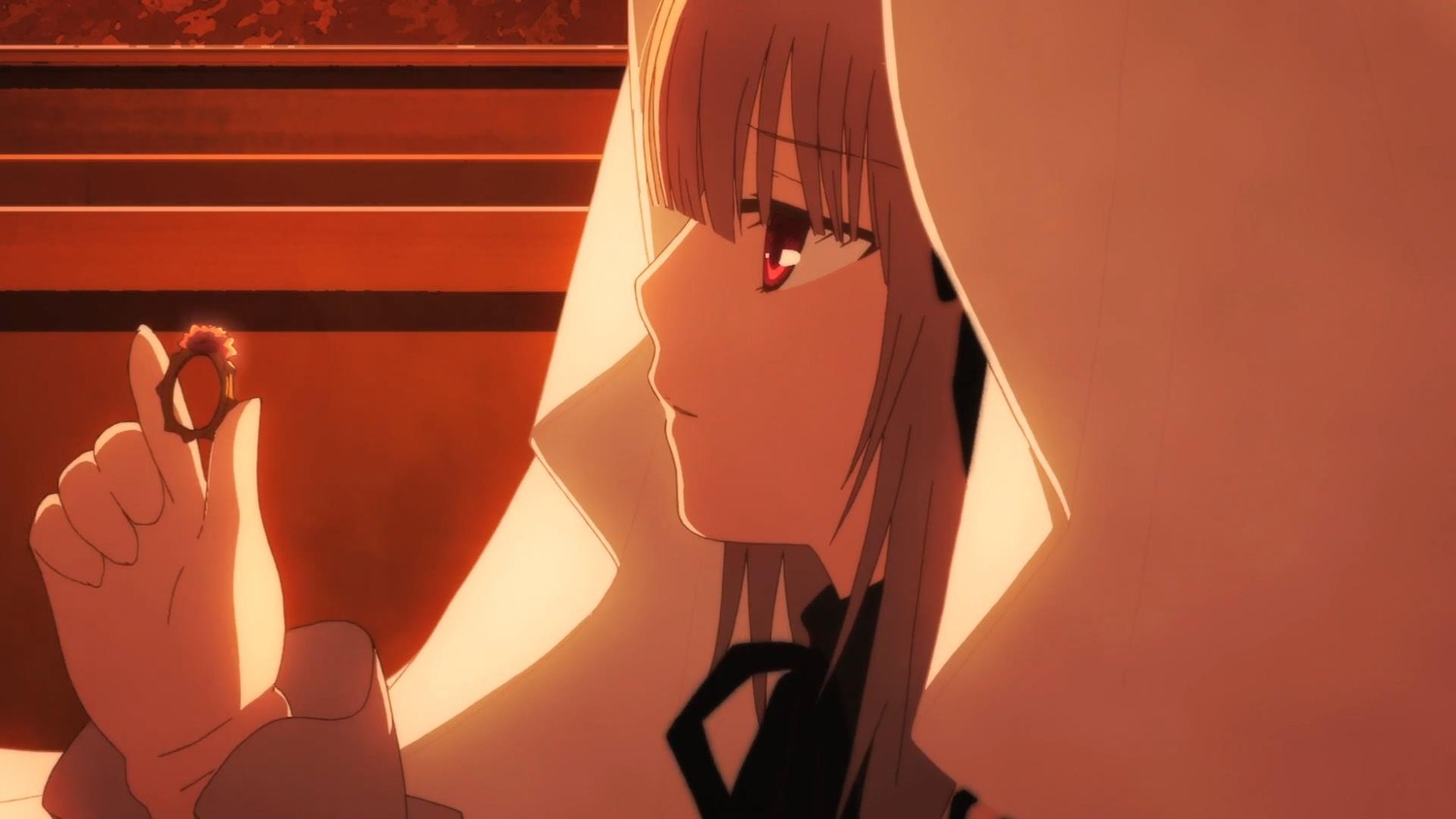 1girl bangs choker closed_mouth eyebrows_visible_through_hair food grey_hair holding image long_hair profile red_eyes ribbon smile solo suigintou