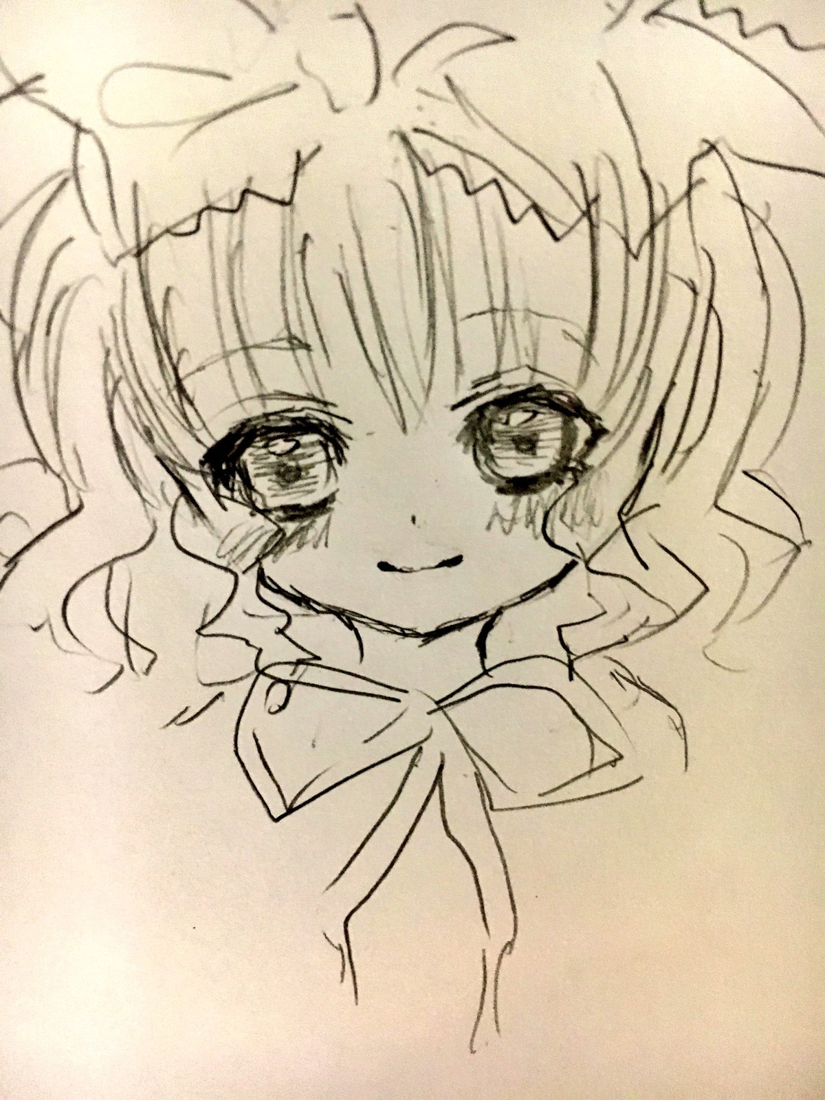 1girl bangs blush closed_mouth eyebrows_visible_through_hair hinaichigo image looking_at_viewer monochrome simple_background smile solo traditional_media