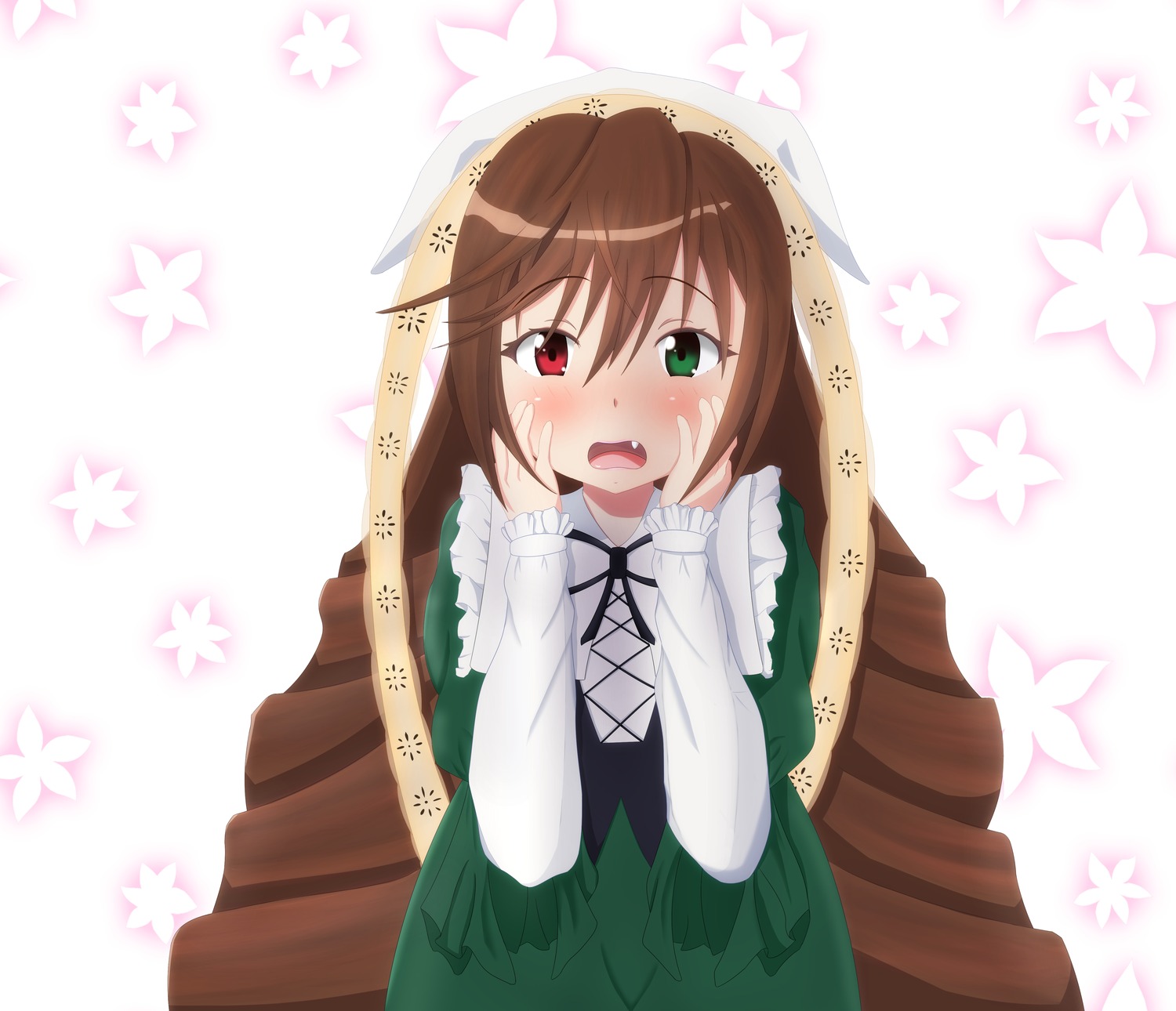 1girl blush brown_hair diagonal_stripes dress green_dress green_eyes hands_on_own_face heterochromia image long_hair long_sleeves open_mouth red_eyes solo striped striped_background suiseiseki tears vertical_stripes very_long_hair