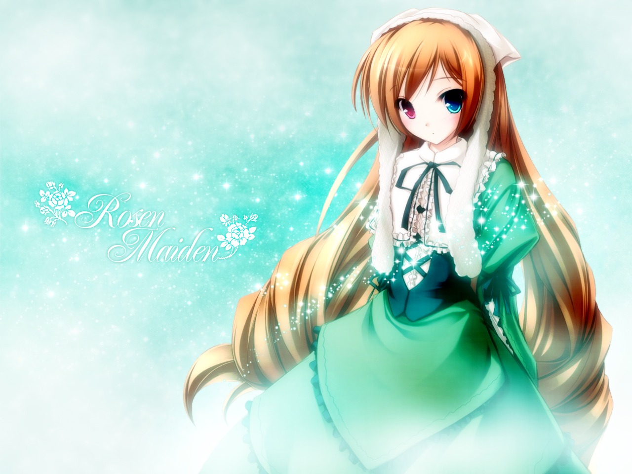 1girl blue_eyes dress frills green_dress head_scarf heterochromia image long_hair long_sleeves looking_at_viewer red_eyes ribbon solo suiseiseki very_long_hair