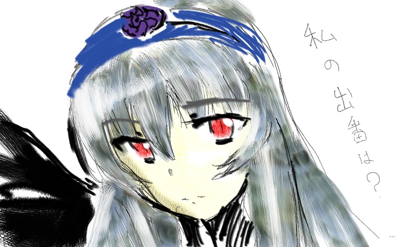1girl bangs blush closed_mouth eyebrows_visible_through_hair face flower image long_hair looking_at_viewer red_eyes rose simple_background solo suigintou white_background wings