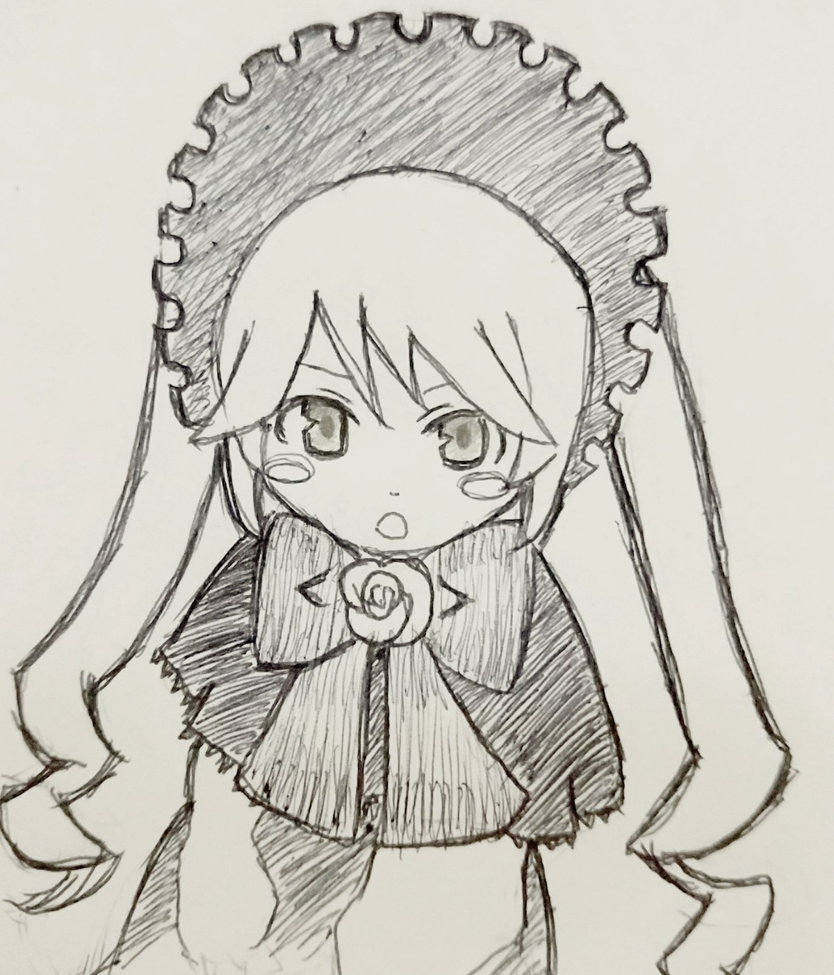 1girl :o blush capelet dress drill_hair greyscale image long_hair long_sleeves looking_at_viewer monochrome open_mouth shinku simple_background solo standing twin_drills twintails very_long_hair white_background