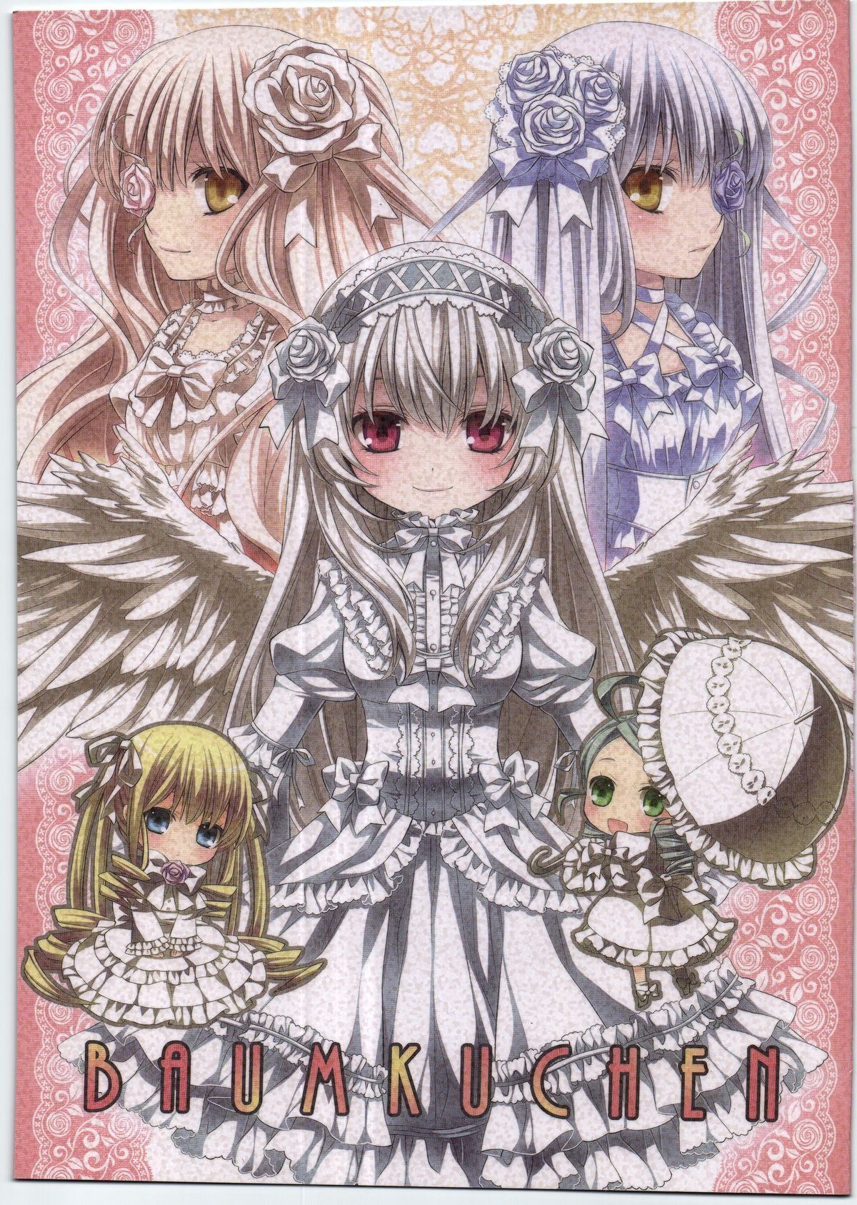 blush bow doujinshi doujinshi_#3 dress flower frills hair_flower hair_ornament image long_hair long_sleeves multiple multiple_girls red_eyes rose smile suigintou wings