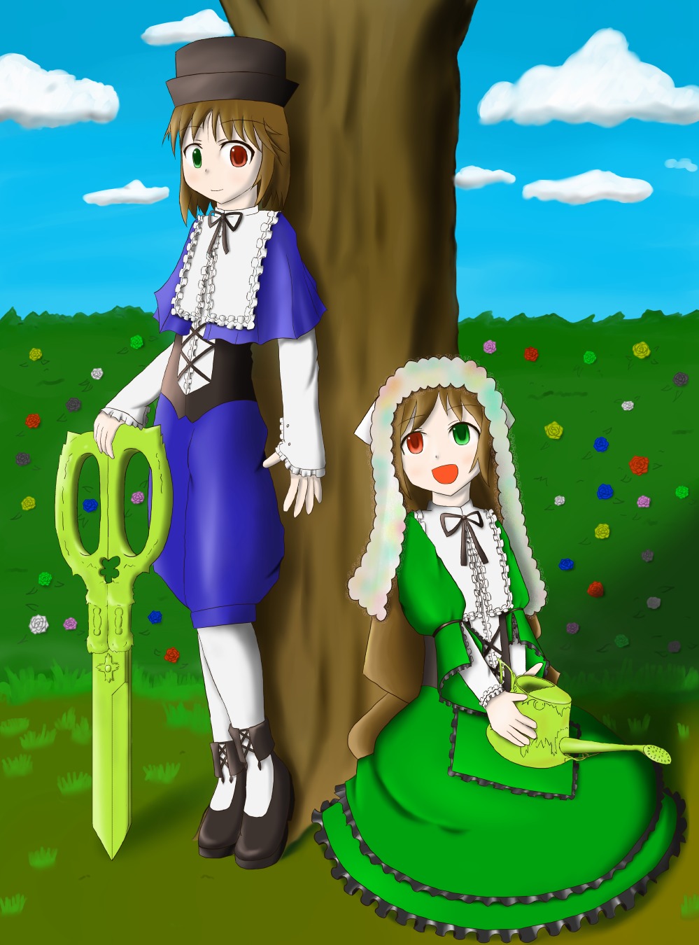 2girls :d brown_hair cloud day dress grass green_dress green_eyes hat head_scarf heterochromia image long_hair long_sleeves multiple_girls open_mouth outdoors pair pantyhose red_eyes scissors short_hair siblings sisters sky smile souseiseki suiseiseki twins watering_can white_legwear